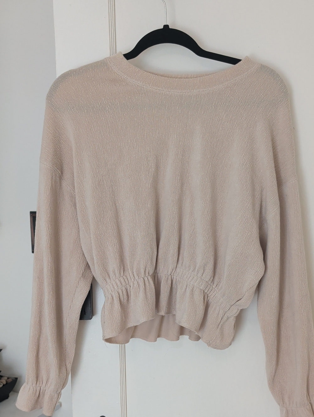 Zara Light Cream Cinched-Waist Scoop Neck Sweater